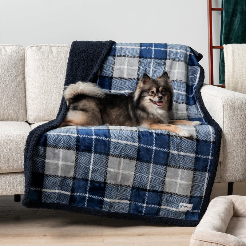 PetAmi Waterproof Dog Blanket for Medium Large Dog Puppy Cat Throw for Couch Cover Leakproof Protection, Sherpa Fleece, Reversible Soft Washable 60x40 Plaid Navy Blue - Image 3
